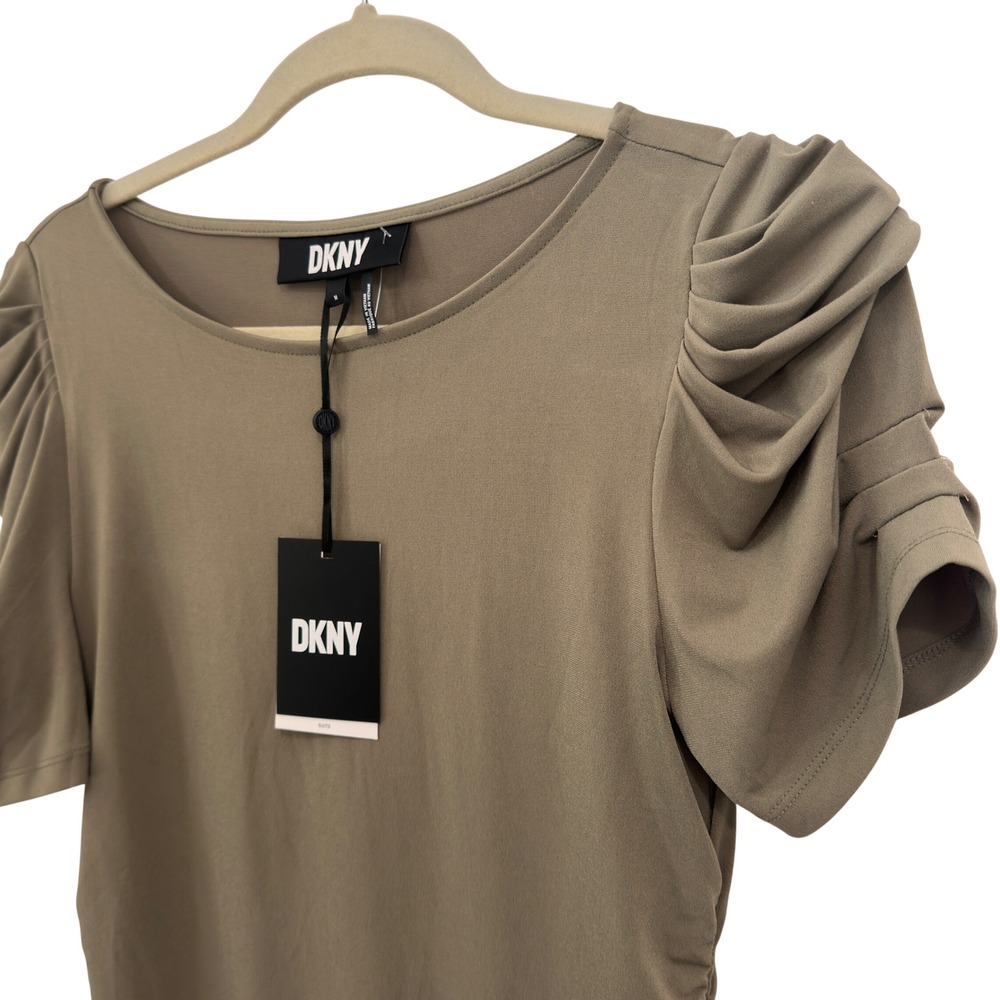 DKNY Ruched Puff Sleeve Top Olive Taupe Jersey Stretch Scoop Neck M NWT Y2K